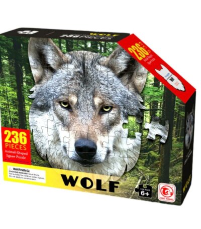 Image d'une boîte de puzzle rectangulaire montrant une tête de loup gris et blanc très réaliste. Le puzzle lui-même est "contour", ce qui signifie qu'il prend la forme de la tête de l'animal une fois assemblé. Un encart rouge indique "236 PIECES" et un logo en bas à droite précise