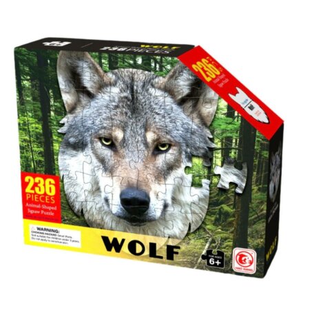 Image d'une boîte de puzzle rectangulaire montrant une tête de loup gris et blanc très réaliste. Le puzzle lui-même est "contour", ce qui signifie qu'il prend la forme de la tête de l'animal une fois assemblé. Un encart rouge indique "236 PIECES" et un logo en bas à droite précise