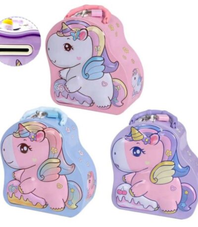 Valisette pour enfant en forme de licorne, disponible en rose, bleu et violet, avec poignée et fermeture métallique.