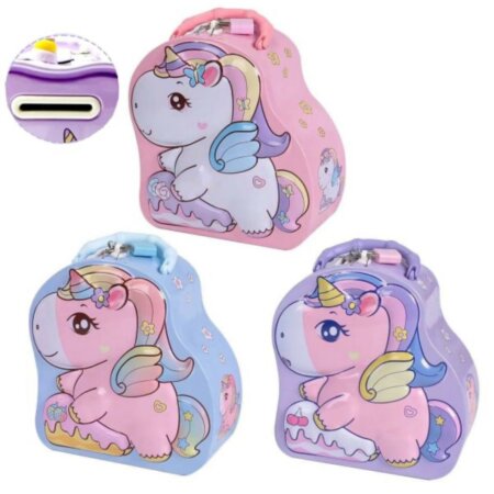Valisette pour enfant en forme de licorne, disponible en rose, bleu et violet, avec poignée et fermeture métallique.