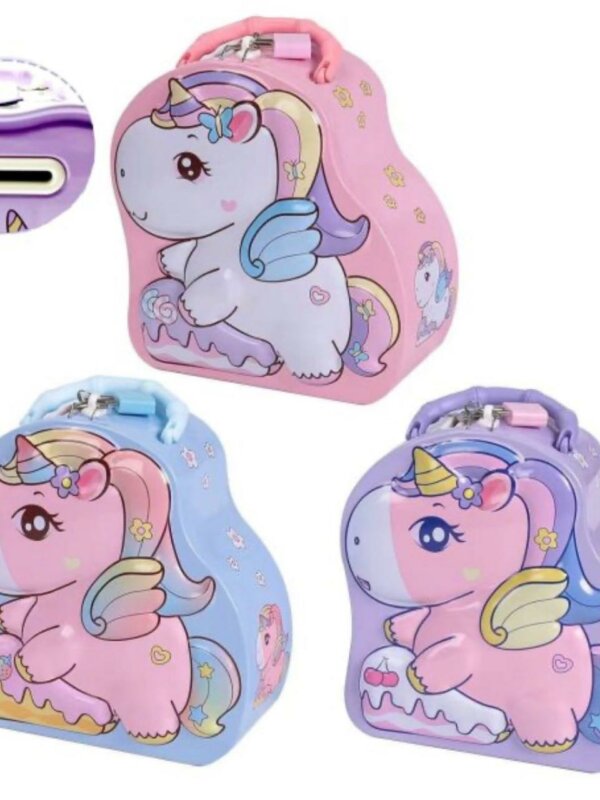 Valisette pour enfant en forme de licorne, disponible en rose, bleu et violet, avec poignée et fermeture métallique.