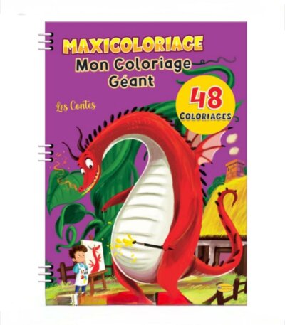 Couverture d'un grand cahier de coloriage à spirales sur fond violet. Le titre principal est « MAXICOLORIAGE Mon Coloriage Géant », avec le sous-titre « Les Contes ».