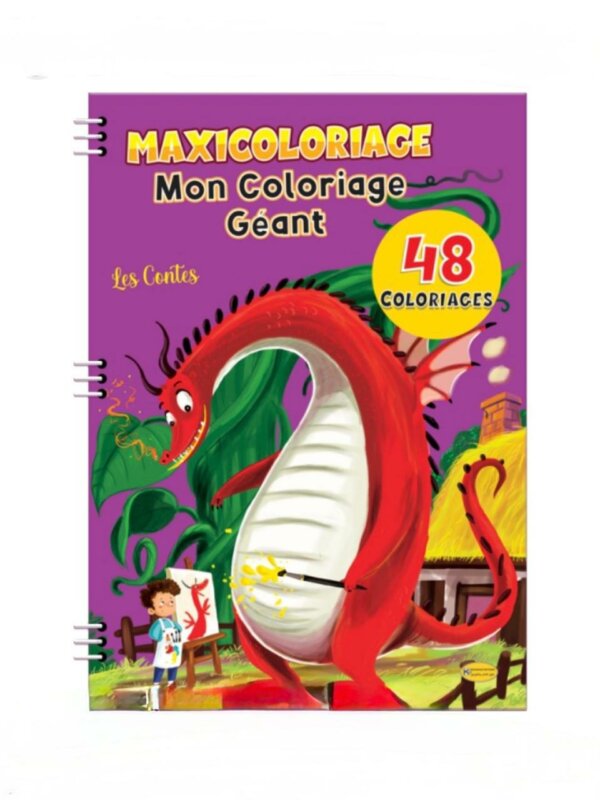 Couverture d'un grand cahier de coloriage à spirales sur fond violet. Le titre principal est « MAXICOLORIAGE Mon Coloriage Géant », avec le sous-titre « Les Contes ».