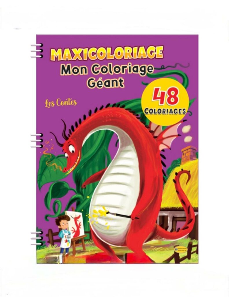 Couverture d'un grand cahier de coloriage à spirales sur fond violet. Le titre principal est « MAXICOLORIAGE Mon Coloriage Géant », avec le sous-titre « Les Contes ».