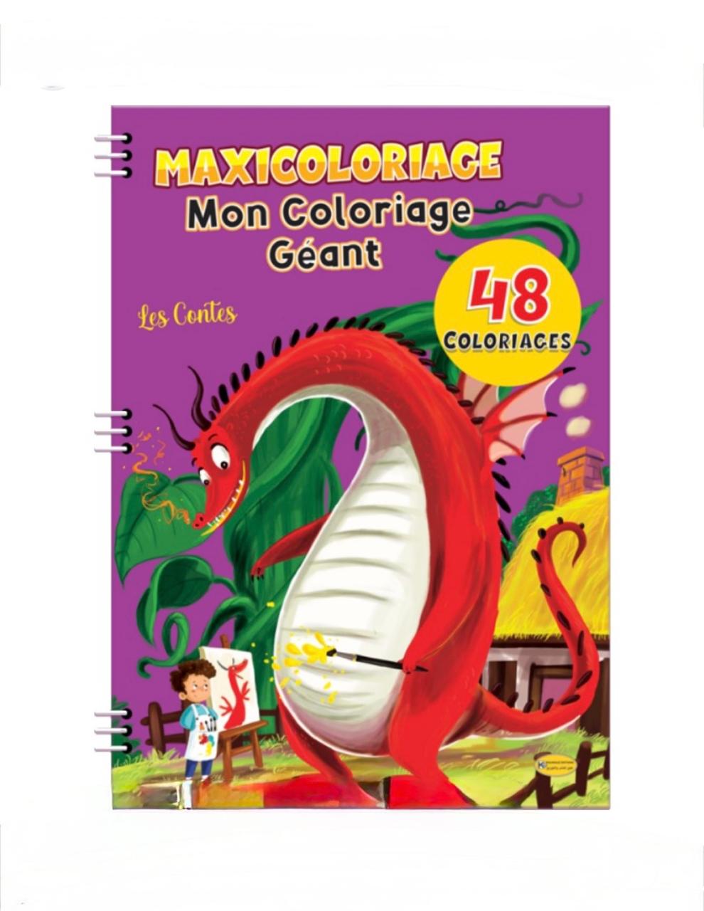 Maxi Coloriage Couverture d'un grand cahier de coloriage à spirales sur fond violet. Le titre principal est « MAXICOLORIAGE Mon Coloriage Géant », avec le sous-titre « Les Contes ».