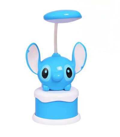 Lampe de bureau LED bleue en forme de Stitch sur un socle bicolore avec bras flexible blanc