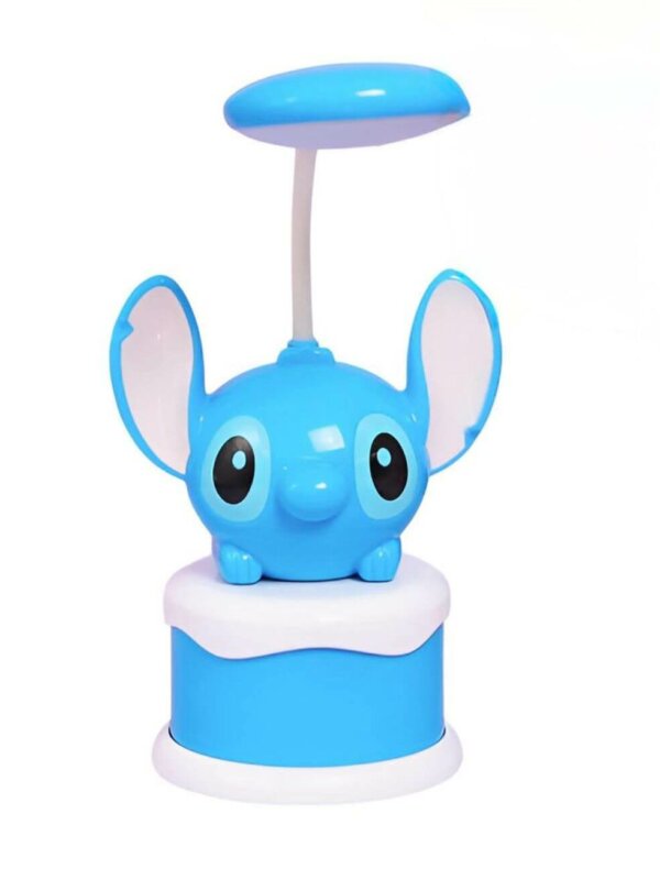 Lampe de bureau LED bleue en forme de Stitch sur un socle bicolore avec bras flexible blanc
