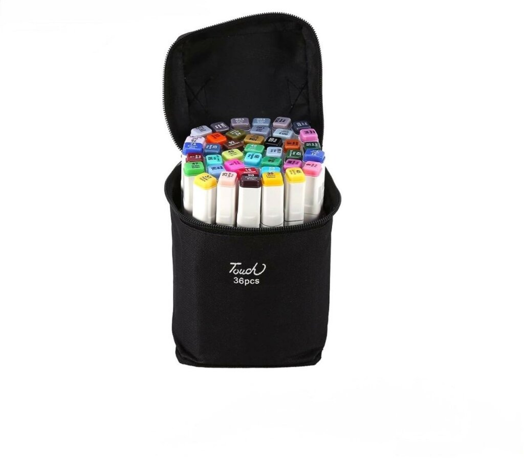Une trousse de transport noire, ouverte et zippée, remplie de 36 feutres marqueurs à alcool de la marque Touch
