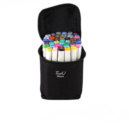 Une trousse de transport noire, ouverte et zippée, remplie de 36 feutres marqueurs à alcool de la marque Touch