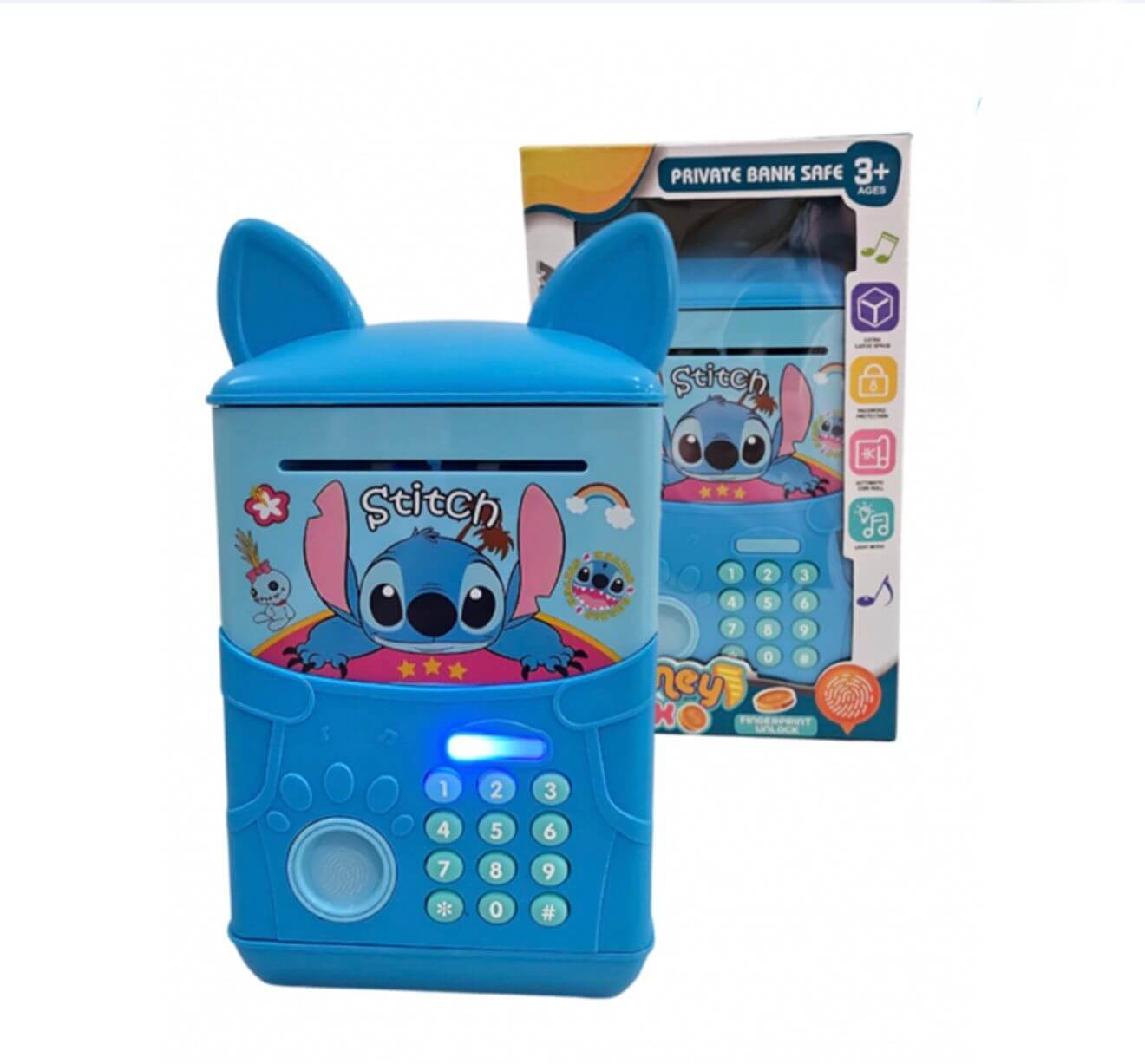 Offrez à votre enfant une façon amusante et sécurisée d’économiser son argent avec ce mini coffre-fort électronique au design adorable Stitch.