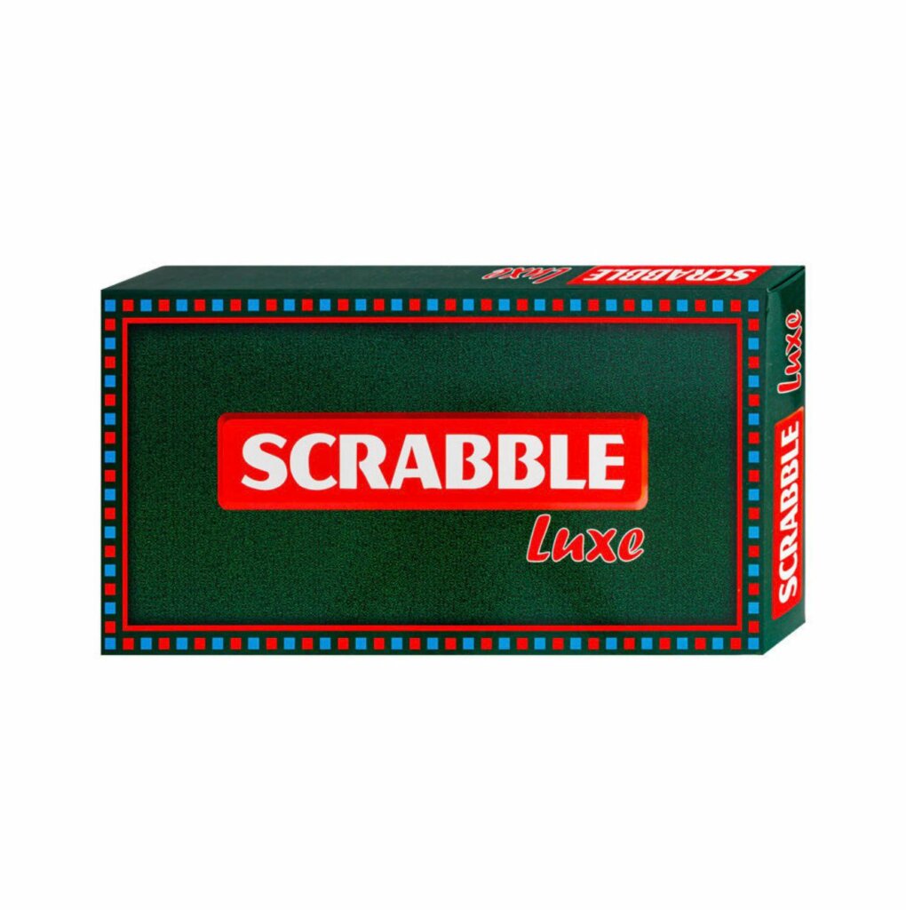 Boîte du jeu Scrabble Luxe avec fond vert foncé et logo rouge, version luxe du célèbre jeu de lettres