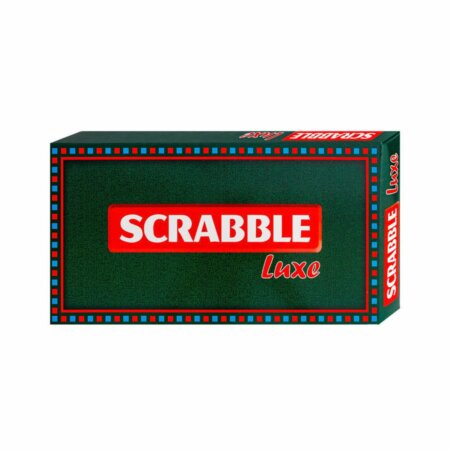 Boîte du jeu Scrabble Luxe avec fond vert foncé et logo rouge, version luxe du célèbre jeu de lettres