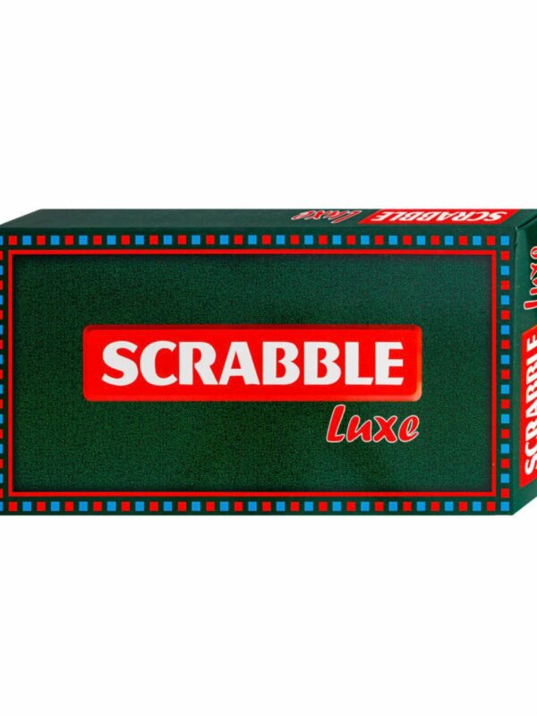 Boîte du jeu Scrabble Luxe avec fond vert foncé et logo rouge, version luxe du célèbre jeu de lettres
