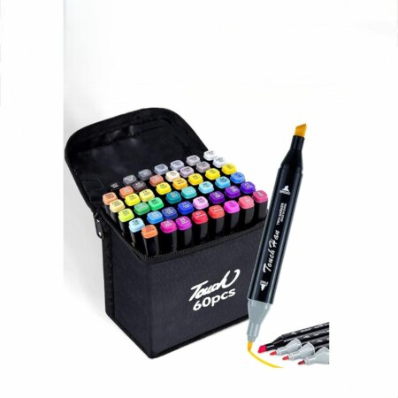 Une trousse de transport noire ouverte contenant un ensemble organisé de 60 feutres marqueurs à alcool "Touch Han" multicolores