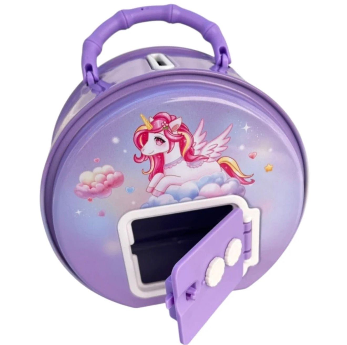 Tirelire ronde violette avec illustration de licorne ailée, poignée sur le dessus et petite porte ouverte à l’avant, présentée sur une interface d’écran.
