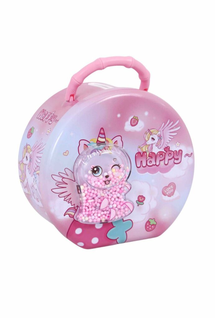 Cette image présente une tirelire licorne magique pour enfants, conçue comme une petite mallette rose portable avec une poignée