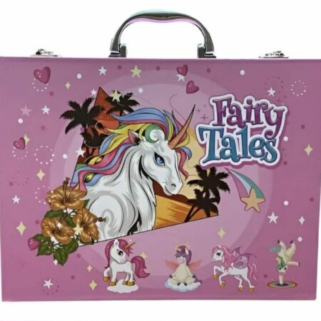 Valise rose de rangement pour enfants illustrée d'une grande licorne à crinière arc-en-ciel. L'illustration centrale est de style tropical avec des palmiers et des fleurs d'hibiscus dorées.