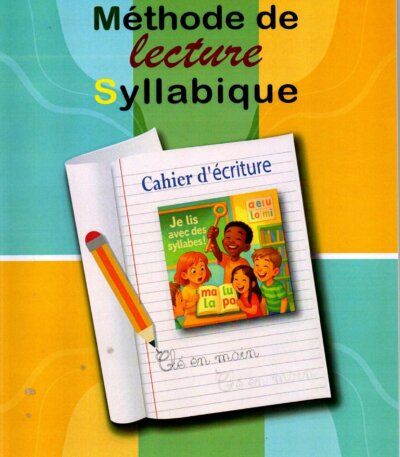 Couverture du cahier d'écriture "Clé en main", méthode de lecture syllabique pour enfants, illustrée avec un crayon et des écoliers joyeux. Quatrième de couverture présentant la collection "Clé en main" et le descriptif de la méthode de lecture progressive pour apprendre les sons et les syllabes.