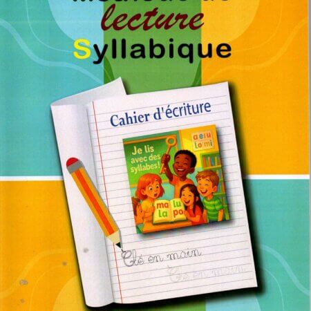 Couverture du cahier d'écriture "Clé en main", méthode de lecture syllabique pour enfants, illustrée avec un crayon et des écoliers joyeux. Quatrième de couverture présentant la collection "Clé en main" et le descriptif de la méthode de lecture progressive pour apprendre les sons et les syllabes.