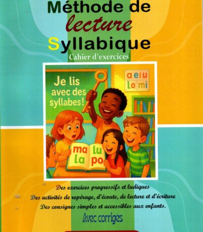 Couverture du cahier d'exercices "Clé en main", méthode de lecture syllabique par M. Ben Saïda Khaoula, illustrée par des enfants apprenant à lire avec une clé dorée couverture détaillant la collection "Clé en main" et présentant les objectifs pédagogiques pour apprendre les sons et les syllabes.