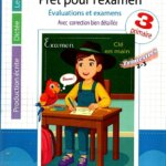 Couverture d’un manuel scolaire « Clé en main – Prêt pour l’examen » pour la 3e primaire, montrant une élève écrivant à son bureau pendant un examen, avec un perroquet rouge à côté d’elle.