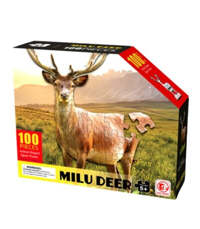 Boîte de puzzle enfant 100 pièces “Milu Deer” avec image d’un cerf dans un paysage naturel, jeu éducatif pour enfants 5 ans et plus.
