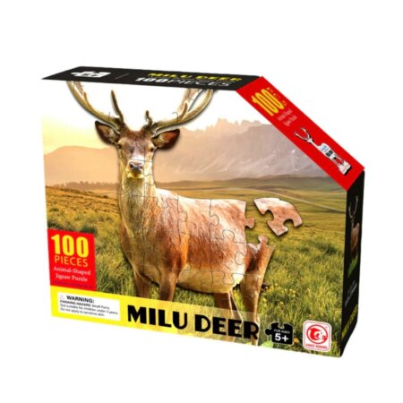 Boîte de puzzle enfant 100 pièces “Milu Deer” avec image d’un cerf dans un paysage naturel, jeu éducatif pour enfants 5 ans et plus.