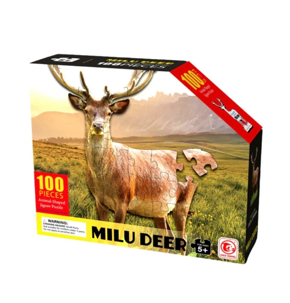Boîte de puzzle enfant 100 pièces “Milu Deer” avec image d’un cerf dans un paysage naturel, jeu éducatif pour enfants 5 ans et plus.