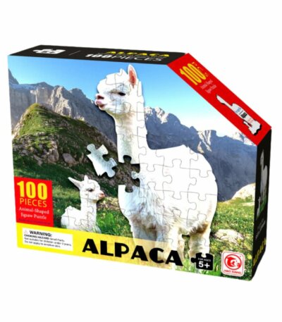 Boîte de puzzle jaune et colorée montrant une photo d'un alpaga adulte blanc et d'un bébé alpaga devant des montagnes