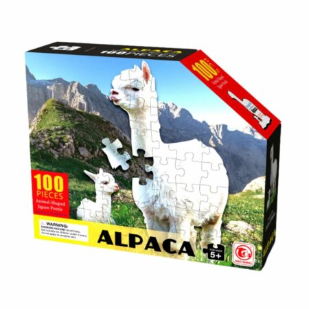 Boîte de puzzle jaune et colorée montrant une photo d'un alpaga adulte blanc et d'un bébé alpaga devant des montagnes