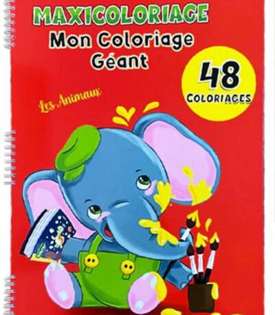 MAXICOLORIAGE - Mon Coloriage Géant". Sous le titre principal, il est écrit en lettres cursives jaunes "Les Animaux". Un macaron