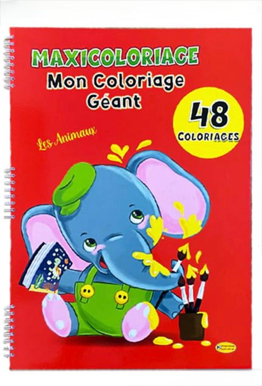 MAXICOLORIAGE - Mon Coloriage Géant : Les Animaux (48 Pages - Reliure Spirale) MAXICOLORIAGE - Mon Coloriage Géant". Sous le titre principal, il est écrit en lettres cursives jaunes "Les Animaux". Un macaron