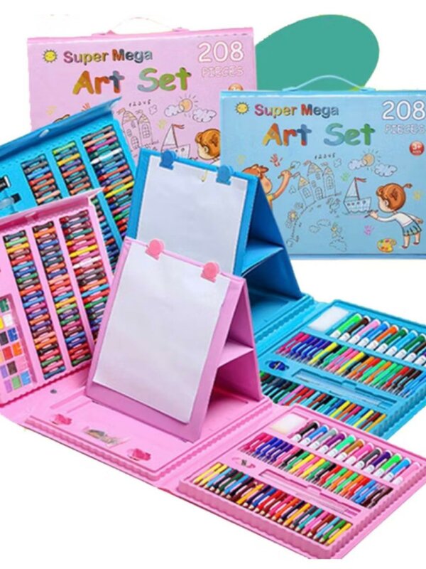 Mallette de dessin "Super Mega Art Set" de 208 pièces, couleur rose, ouverte avec un chevalet intégré et divers outils de coloriage (feutres, crayons, pastels)
