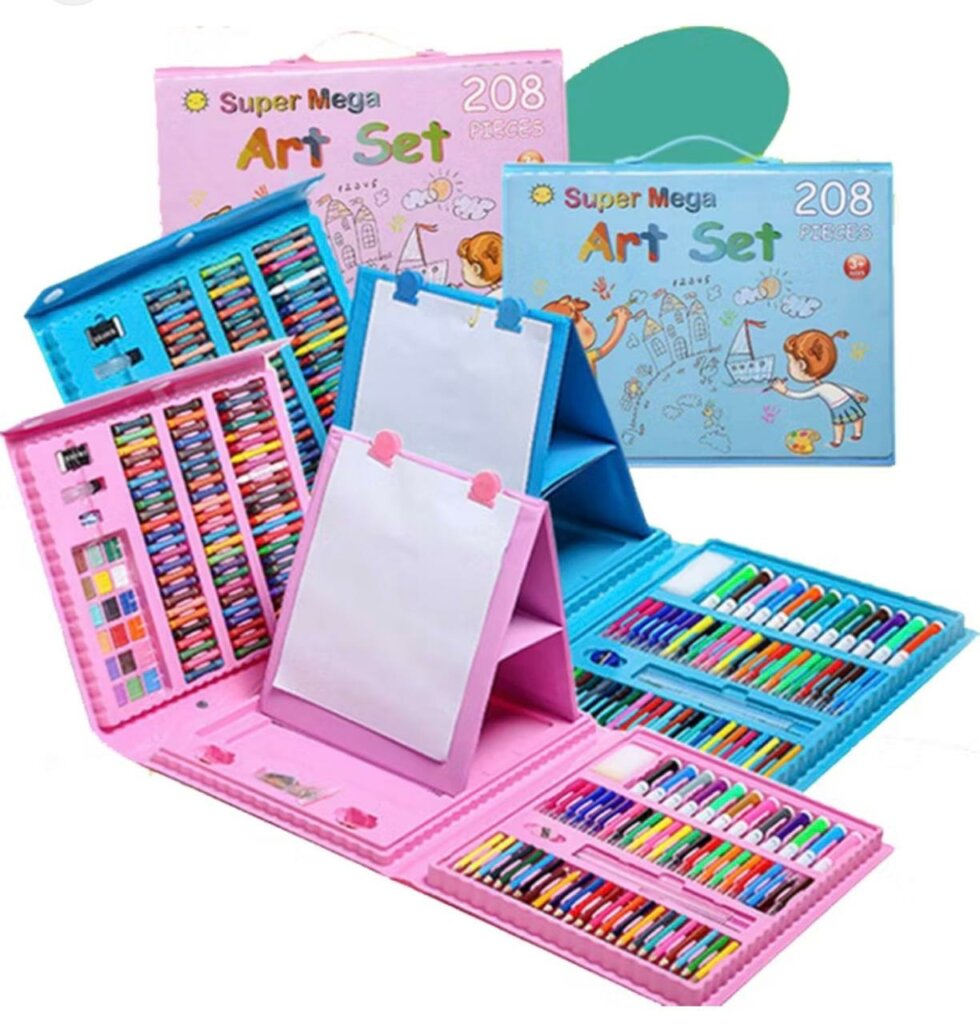 Mallette de dessin "Super Mega Art Set" de 208 pièces, couleur rose, ouverte avec un chevalet intégré et divers outils de coloriage (feutres, crayons, pastels)