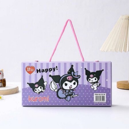 Boîte de coloriage Kuromi 59 pièces avec poignée de transport, idéale pour les activités créatives des enfants