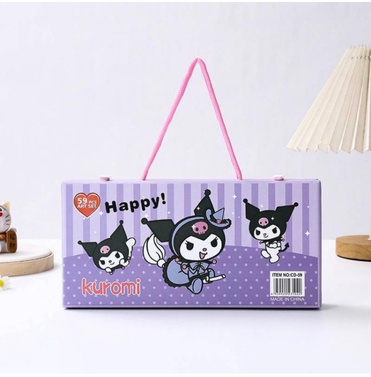 Boîte de coloriage Kuromi 59 pièces avec poignée de transport, idéale pour les activités créatives des enfants