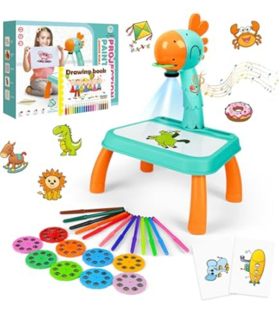 Table de dessin projecteur enfant vert et orange en forme de canard avec feutres, disques d’images et cahier de coloriage.