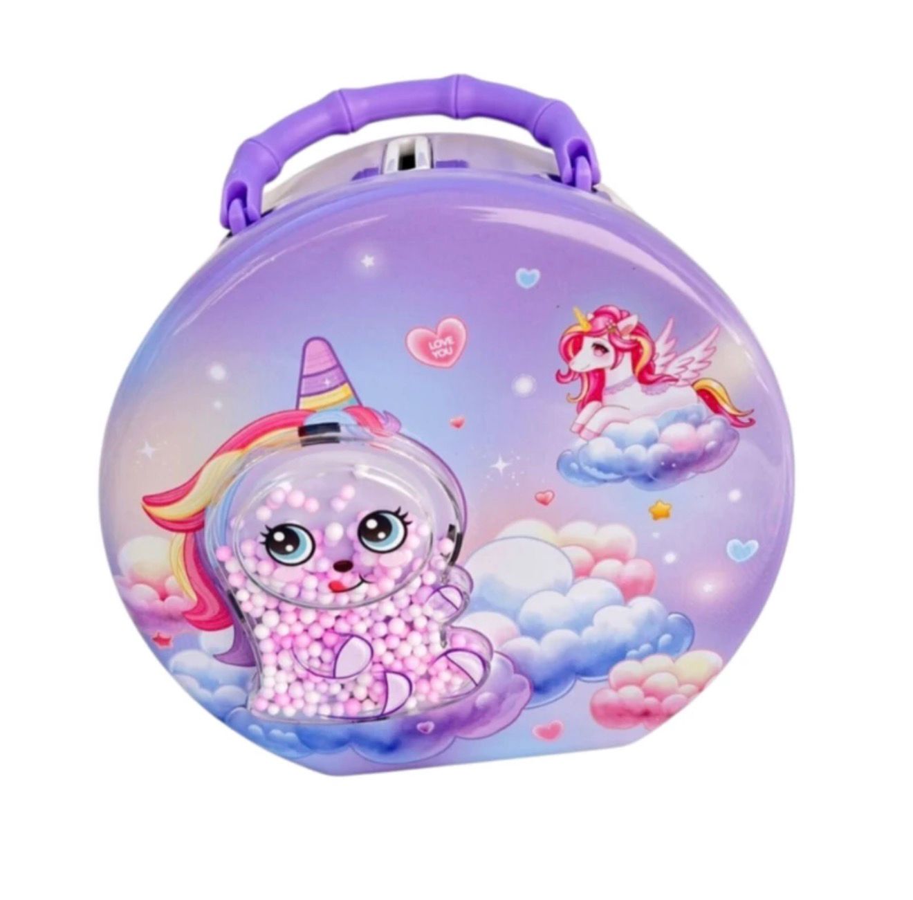 Cet article est une tirelire en métal pour enfants avec un design de licorne coloré