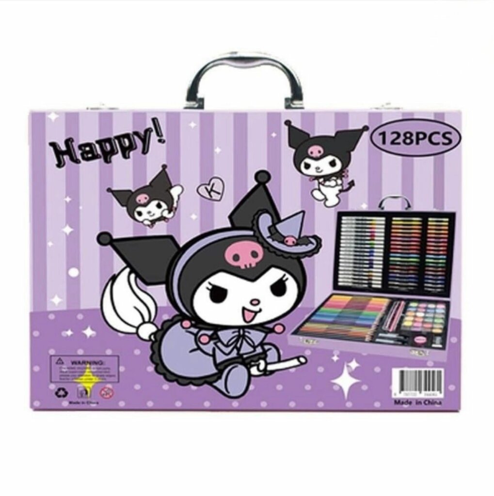 Une mallette de coloriage violette à l'effigie du personnage Kuromi de Sanrio, décorée de motifs à rayures et d'illustrations de Kuromi dans différentes poses. Le coffret contient 128 pièces de matériel de dessin et de peinture.