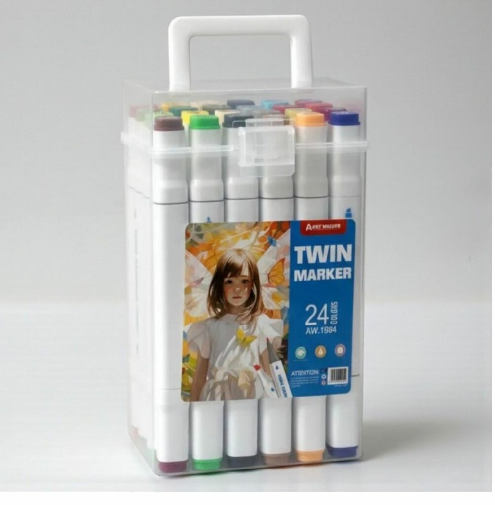 une boîte de 24 marqueurs à alcool double pointe de la marque Aart Walker. Ces feutres, souvent appelés "Twin Markers", sont conçus pour le dessin, l'illustration et le coloriage créatif