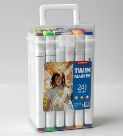 une boîte de 24 marqueurs à alcool double pointe de la marque Aart Walker. Ces feutres, souvent appelés "Twin Markers", sont conçus pour le dessin, l'illustration et le coloriage créatif