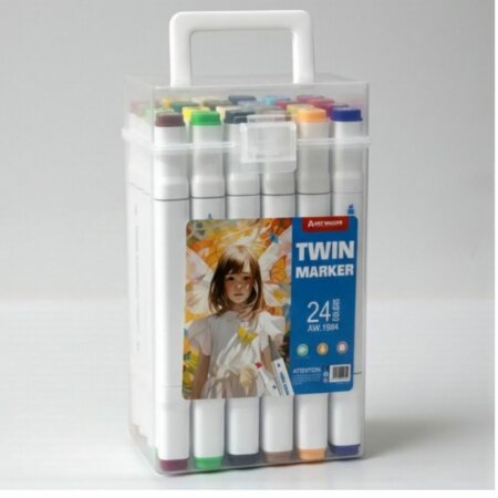 une boîte de 24 marqueurs à alcool double pointe de la marque Aart Walker. Ces feutres, souvent appelés "Twin Markers", sont conçus pour le dessin, l'illustration et le coloriage créatif