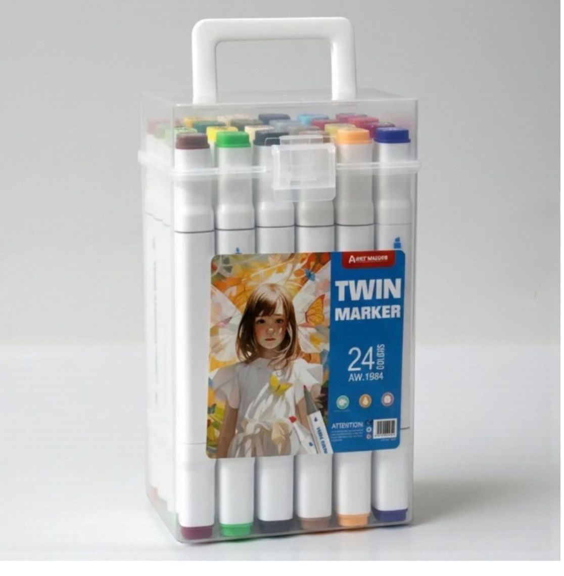 une boîte de 24 marqueurs à alcool double pointe de la marque Aart Walker. Ces feutres, souvent appelés "Twin Markers", sont conçus pour le dessin, l'illustration et le coloriage créatif