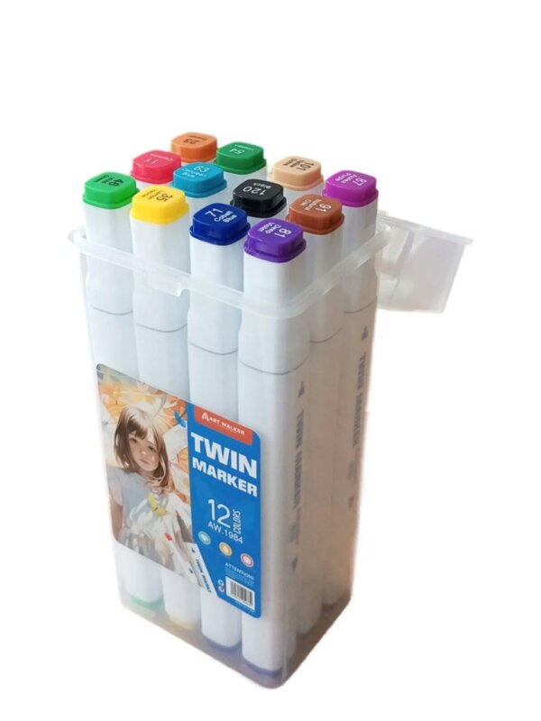 Les feutres sont rangés verticalement dans un boîtier en plastique transparent rigide avec un couvercle à charnière.