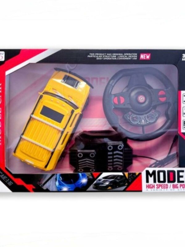 Un coffret de jeu "Racing" contenant une voiture télécommandée rouge à l'échelle Le véhicule, au design de supercar aérodynamique, est présenté dans un emballage noir et transparent qui laisse voir ses accessoires.