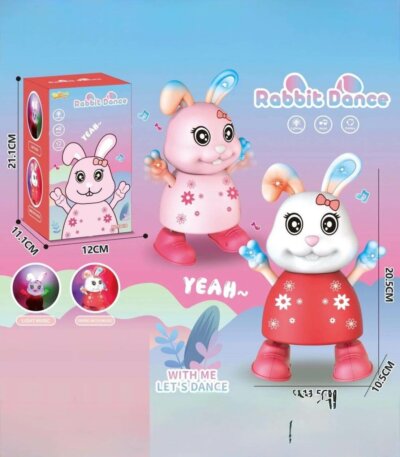 Un jouet en plastique en forme de lapin blanc, appelé « Rabbit Dance », se tient debout devant son emballage coloré