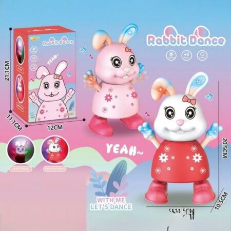 Un jouet en plastique en forme de lapin blanc, appelé « Rabbit Dance », se tient debout devant son emballage coloré