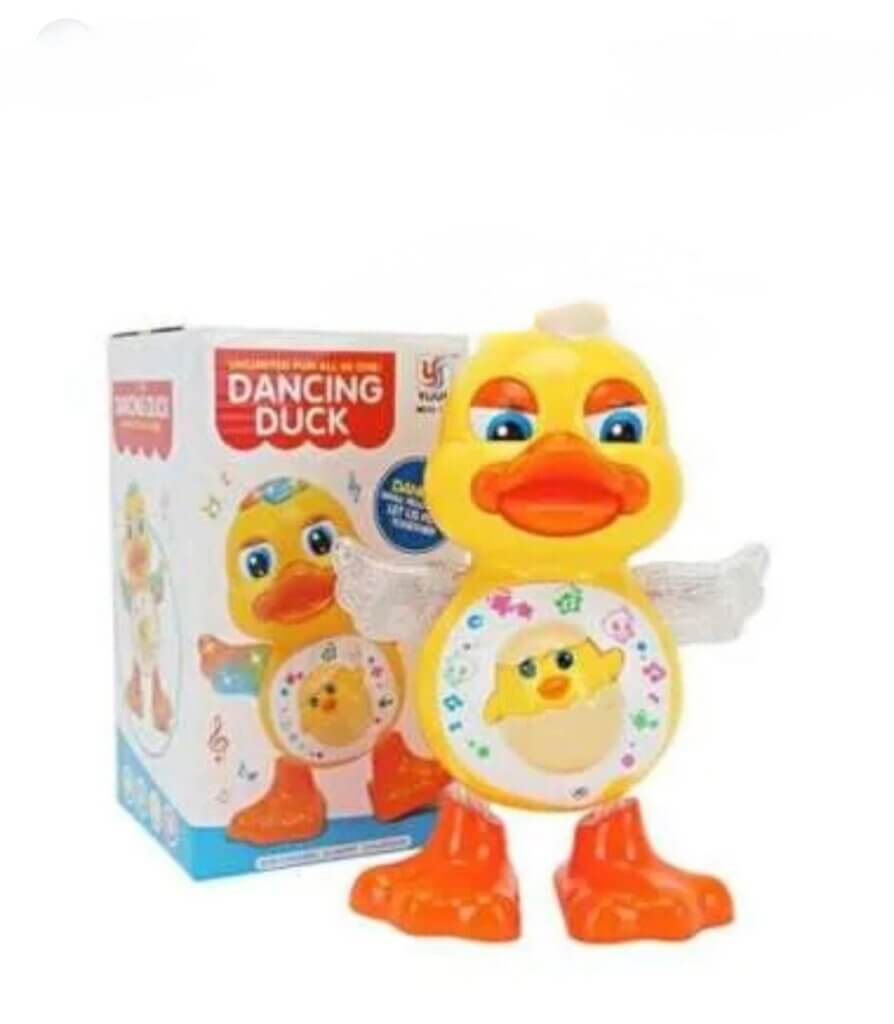 Un jouet en forme de canard jaune avec un bec et des pattes orange, présenté devant sa boîte. La boîte porte l’inscription « Dancing Duck ». Le canard a des ailes argentées et un ventre rond décoré d’une image de petit caneton et de notes de musique.