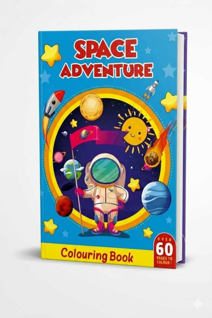 Ce produit est le livre de coloriage "Space Adventure" pour enfants, conçu pour stimuler l'imagination avec des scènes d'exploration spatiale.