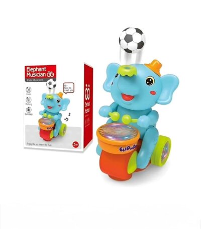 Un éléphant en plastique orange vif avec de grands yeux noirs brillants. Il porte un petit chapeau rouge.